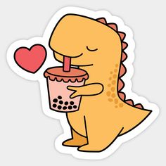 a cartoon dinosaur drinking out of a cup with a heart shaped object in its mouth