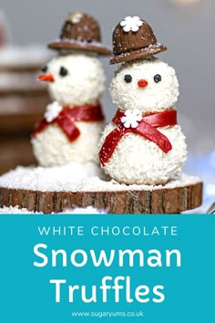 white chocolate snowman truffles with red ribbon on top