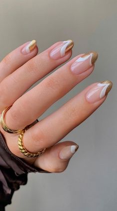 40 Stylish French Tip Nails for Any Nail Shape Gold and White Abstract Tip Nails I Take You Sparkly French Tip Nails, Sparkly French Tips, White French Tip, Almond Nails Designs, Almond Acrylic Nails, Almond Nail, Tip Nails