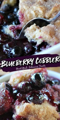 blueberry cobbler in a white bowl with a spoon and title overlay that reads, blueberry cobbler