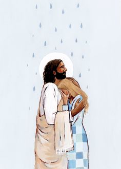 an image of jesus holding the baby jesus in his arms with rain coming down on him