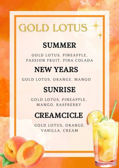 an orange and yellow poster with the names of different cocktails in front of it