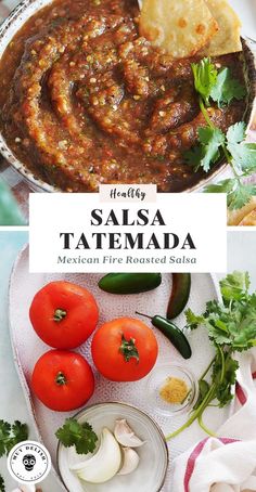 salsa in a bowl with tortilla chips and tomatoes