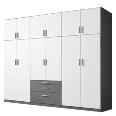 a large white and grey cabinet with drawers