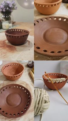 three pictures of different bowls with holes in them and yarn on the table next to them