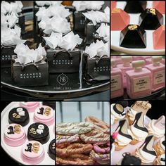 a collage of different types of desserts and pastries on display at a party