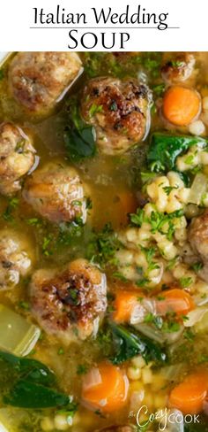 italian wedding soup in a white bowl with carrots, celery and meat