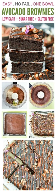 chocolate brownies with frosting and sprinkles are shown in this collage