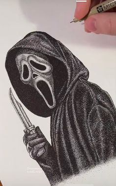 a drawing of a person with a mask holding a knife and wearing a black hood