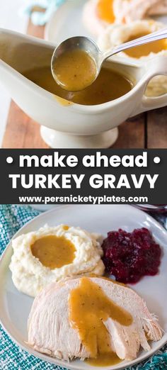 turkey gravy on a plate with mashed potatoes and cranberry sauce