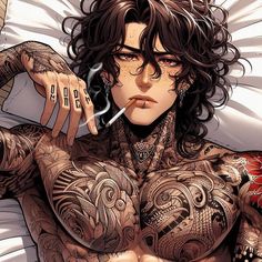 Brown Haired Male Character Art, Tattooed Character, Spiderman Oc Art, Brown Hair Male, Men's Long Hairstyles, Traditional Japanese Tattoos, Dark Anime Guys, Japanese Tattoo Designs, Human Male