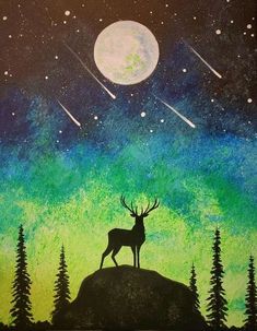 a painting of a deer standing on top of a hill under the stars and moon