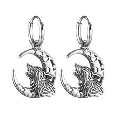 PRICES MAY VARY. Wolf Earring: Retro gothic punk howling wolf moon design, classic simplicity. Every detail has been polished, authentic to the touch and extremely visual, comfortable to wear and a great choice for a club or Halloween party. Clothing to match the rock, goth and hip-hop styles Materials: Made of high-quality stainless steel with a delicate pattern that does not fade, hypoallergenic, rust, deform, making this earring durable and suitable for long wear without damaging the skin Siz Wolf Earrings, Biker Party, Viking Wolf, Moon Earring, Howling Wolf, Earrings For Men, Wolf Moon, Wolf Howling, Gothic Punk