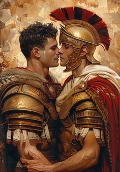 two men in roman armor kissing each other