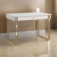 Bery 47 Inch Home Office Desk, 1 Drawer with Knob, USB Port, White, Gold By Casagear Home Marble Office Desk, Gold Drawer Knobs, Modern Home Office Desk, Small Office Desk, Composite Board, Apartment Organization, Home Office Furniture Desk, Chair Storage, Study Material