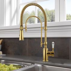 a kitchen sink with gold faucet and green grapes