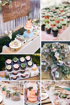 a collage of photos with cupcakes, cakes and succulents