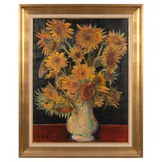 a painting of sunflowers in a vase on a table