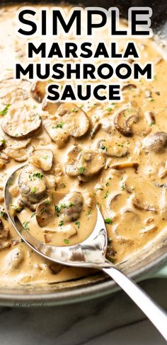 a pan filled with mushroom sauce on top of a table