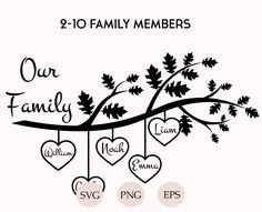 a family tree with hearts hanging from it's branches and the words, our family is