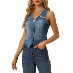 This vest features a classic denim design that is both timeless and fashionable, making it perfect for any casual occasion. This sleeveless design allows for easy layering, making it perfect for pairing with your favorite t-shirts or blouses. This Sleeveless Denim Vest delivers a classic and edgy look that never goes out of style. Whether you're looking for a casual or chic outfit, this vest is perfect for creating a unique and trendy look that is all your own. Measurement (in inches) Internatio Sleeveless Denim Vest, Long Sleeve Jean Jacket, Womens Denim Vest, Long Denim Jacket, Casual Denim Jacket, Distressed Jean Jacket, Jean Jacket Women, Distressed Denim Jacket, Chic Outfit