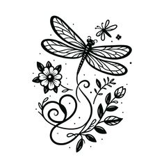 a black and white drawing of a dragonfly with flowers in the foreground on a white background