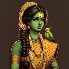 a painting of a woman holding a green bird on her shoulder and wearing a yellow sari