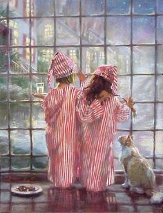 two children in red and white striped outfits standing next to a cat looking out the window