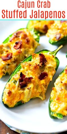 stuffed jalapenos on a white plate with bacon and cheese in the middle