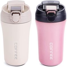 two coffee mugs with lids on each one and the same cup in different colors