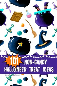 "A cute cartoon of witch's cauldrons, potion bottles, hats, spell books, and various colored bubbles Halloween For School, Halloween Treat Ideas, Halloween Things, House Parties, Candy Halloween, Thrifty Thursday, Trick Or Treaters, Scary Decorations