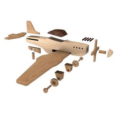 a wooden model of a plane with different parts