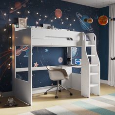 a child's bedroom with space themed wallpaper and white bunk bed, desk and chair