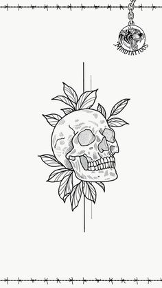 a black and white drawing of a skull with leaves on it's head next to a barbed wire fence