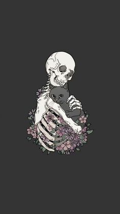 a skeleton holding a cat in its arms with flowers around it on a black background