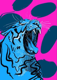 a drawing of a tiger with its mouth wide open and teeth out, on a pink background