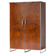 a wooden cabinet with two doors and chrome handles