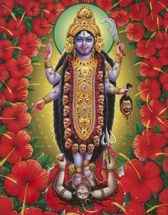 the hindu god with red flowers in the background