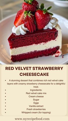 a piece of red velvet strawberry cheesecake on a white plate