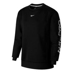 (WMNS) Nike Pro Sports Running Printing Round Neck Pullover Black Hoodie BV4055-010 (Women's) Black Moisture-wicking Sweatshirt For Sportswear, Sweat-resistant Black Hoodie For Training, Athleisure Sports Sweatshirt With Ribbed Cuffs, Functional Sports Sweatshirt For Winter, Black Sweat Resistant Hoodie For Training, Functional Black Activewear With Ribbed Cuffs, Athleisure Sweatshirt With Ribbed Cuffs For Sports, Functional Winter Sports Sweatshirt, Winter Sports Functional Sweatshirt