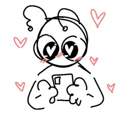 a drawing of a teddy bear holding a cell phone with hearts on the wall behind it