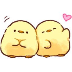 two little chicks sitting next to each other on top of a white surface with a pink heart in the background