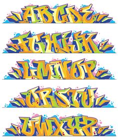 three different graffiti font styles on white background with blue, yellow and green colors in the middle