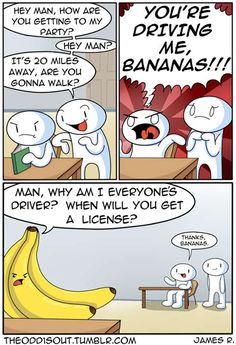 a comic strip with an image of two people talking to each other and one person holding a banana