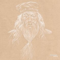 a drawing of an old man with long white hair and beard wearing a hat on top of his head