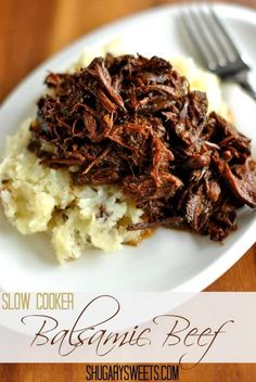 slow cooker beef and mashed potatoes on a white plate with text overlay