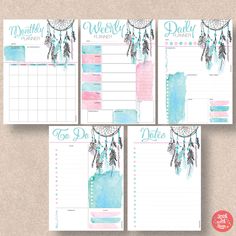 three planner pages with watercolor feathers on them