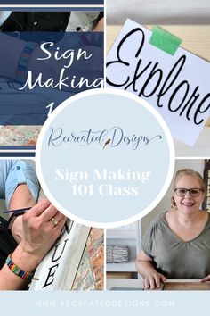 a collage of photos with the words sign making explore and hand lettering on them