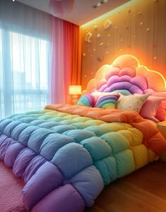 a rainbow colored bed in a bedroom next to a large window with curtains and lights