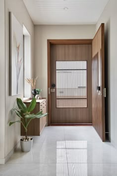 an entry way with a potted plant on the floor